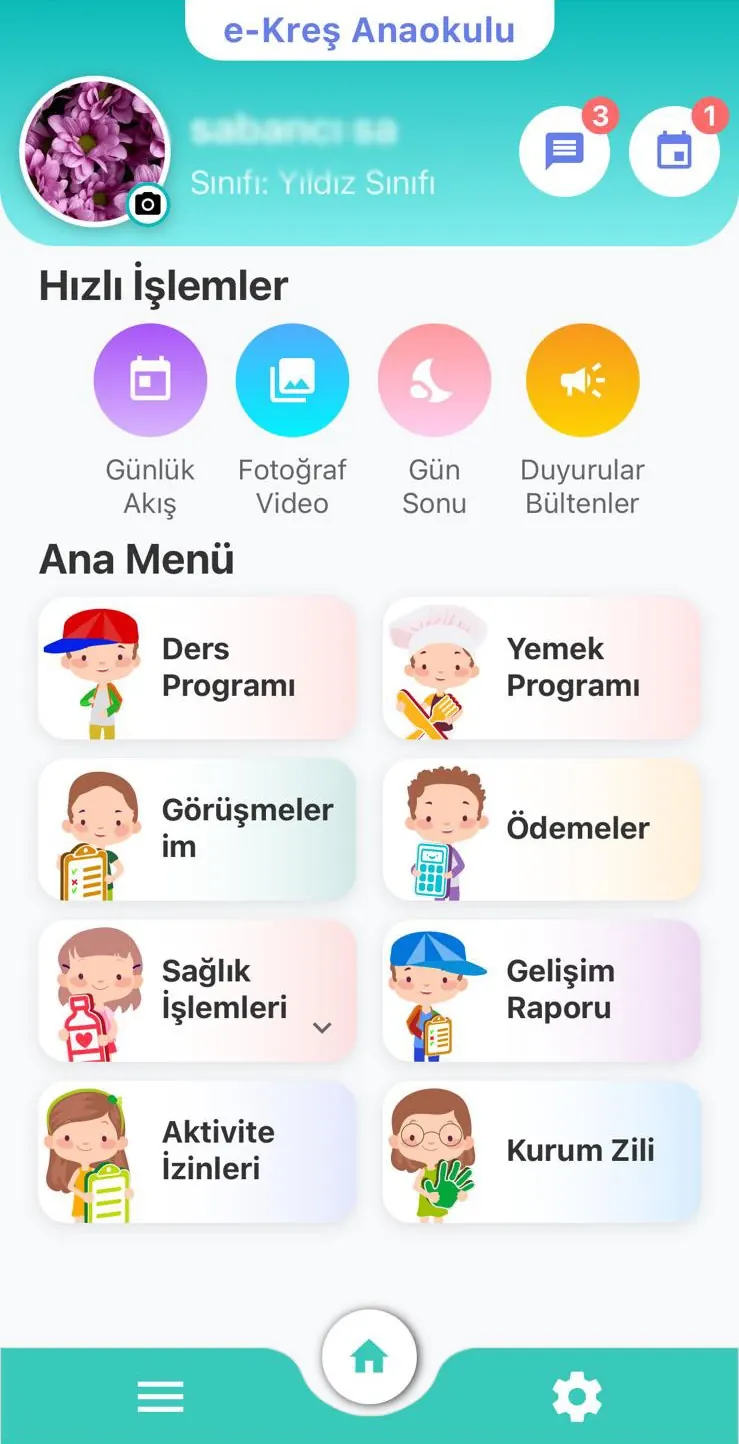 e-Kreş mobil uygulaması veli ana ekranı